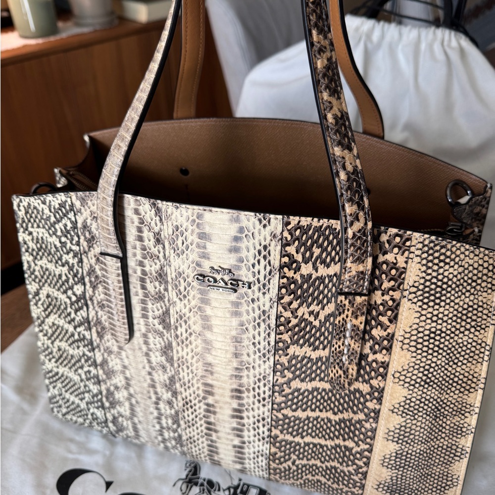 Coach Snakeskin Patterned Tote Bag - Brown and Cream